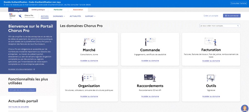 Exemple de page d’accueil du portail de services Chorus Pro